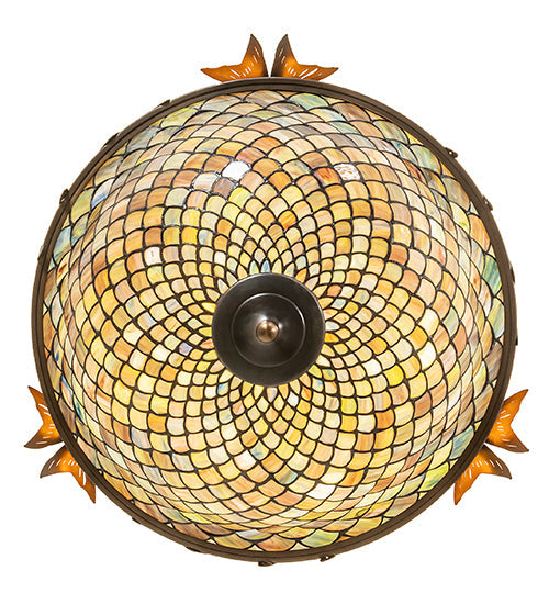 Meyda Lighting Catch of the Day 30" 4-Light Antique Copper Fishscale Inverted Semi-flush Mount Light With Green & Amber Mica Shade Glass