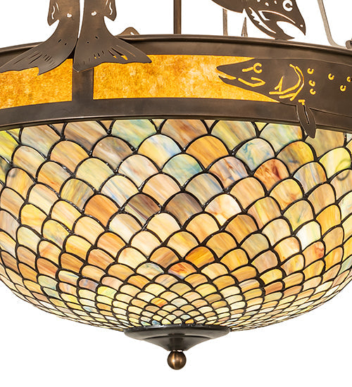 Meyda Lighting Catch of the Day 30" 4-Light Antique Copper Fishscale Inverted Semi-flush Mount Light With Green & Amber Mica Shade Glass