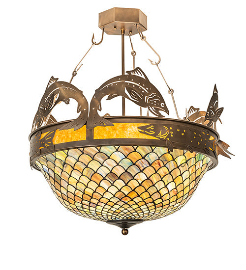 Meyda Lighting Catch of the Day 30" 4-Light Antique Copper Fishscale Inverted Semi-flush Mount Light With Green & Amber Mica Shade Glass