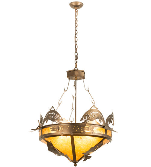 Meyda Lighting Catch of the Day 30" 4-Light Antique Copper Inverted Pendant Light With Amber Mica Shade Glass