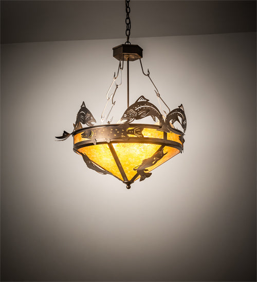Meyda Lighting Catch of the Day 30" 4-Light Antique Copper Inverted Pendant Light With Amber Mica Shade Glass