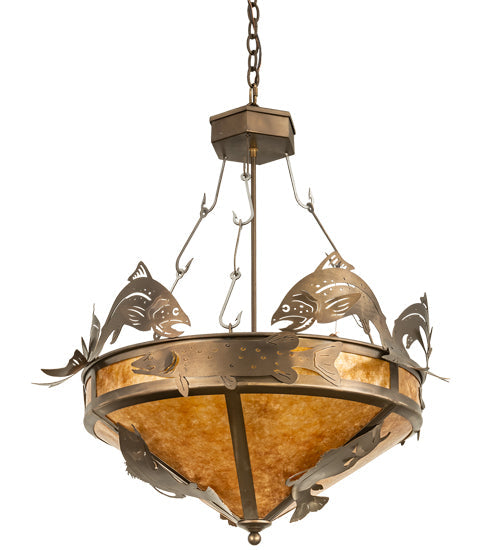 Meyda Lighting Catch of the Day 30" 4-Light Antique Copper Inverted Pendant Light With Amber Mica Shade Glass