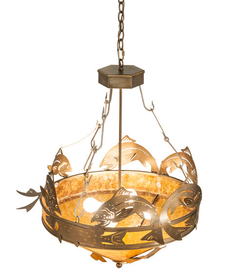 Meyda Lighting Catch of the Day 30" 4-Light Antique Copper Inverted Pendant Light With Amber Mica Shade Glass