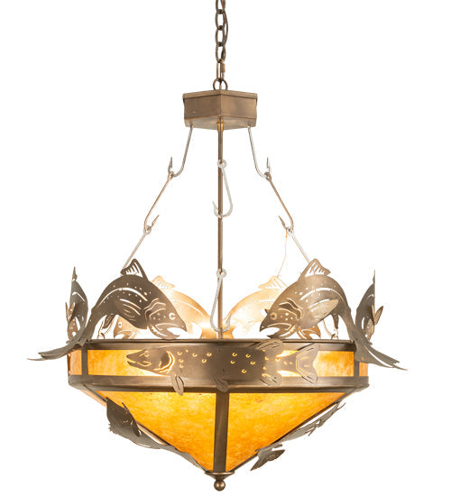 Meyda Lighting Catch of the Day 30" 4-Light Antique Copper Inverted Pendant Light With Amber Mica Shade Glass