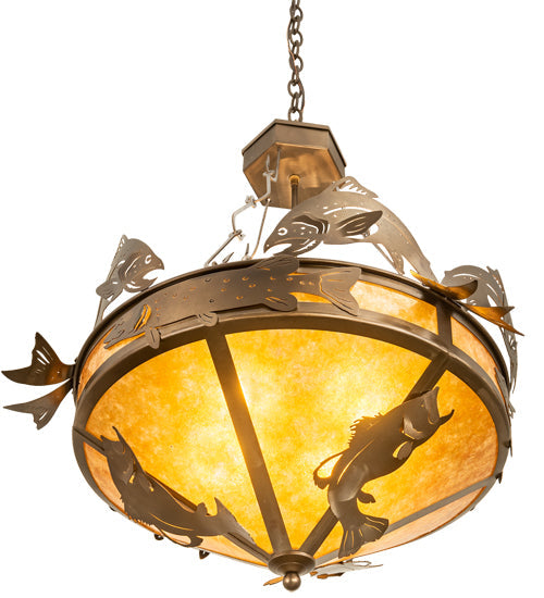Meyda Lighting Catch of the Day 30" 4-Light Antique Copper Inverted Pendant Light With Amber Mica Shade Glass