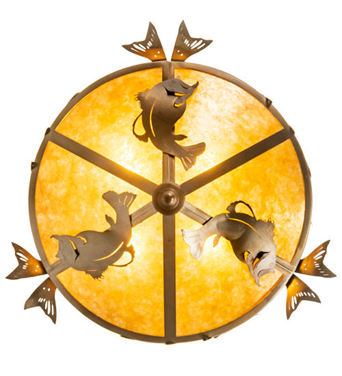 Meyda Lighting Catch of the Day 30" 4-Light Antique Copper Inverted Pendant Light With Amber Mica Shade Glass