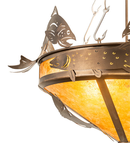 Meyda Lighting Catch of the Day 30" 4-Light Antique Copper Inverted Pendant Light With Amber Mica Shade Glass