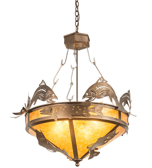 Meyda Lighting Catch of the Day 30" 4-Light Antique Copper Inverted Pendant Light With Amber Mica Shade Glass