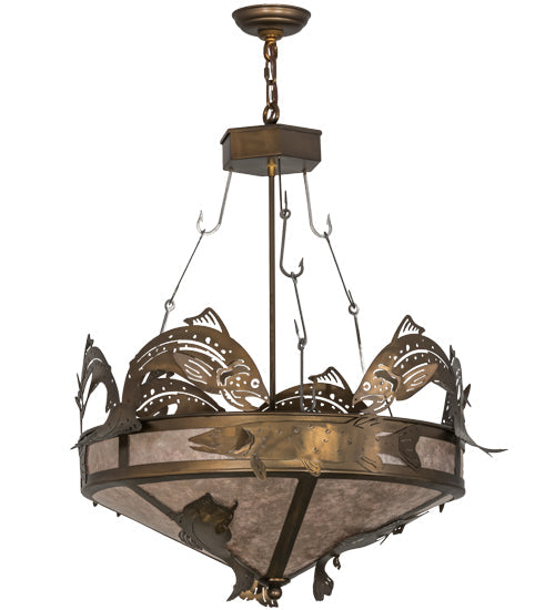 Meyda Lighting Catch of the Day 30" 4-Light Antique Copper Inverted Pendant Light With Silver Mica Shade Glass