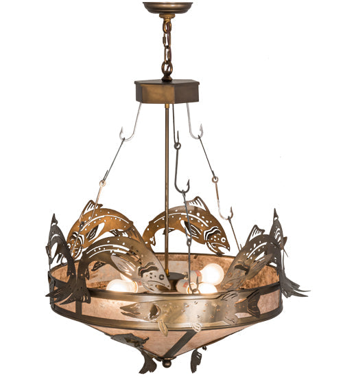 Meyda Lighting Catch of the Day 30" 4-Light Antique Copper Inverted Pendant Light With Silver Mica Shade Glass