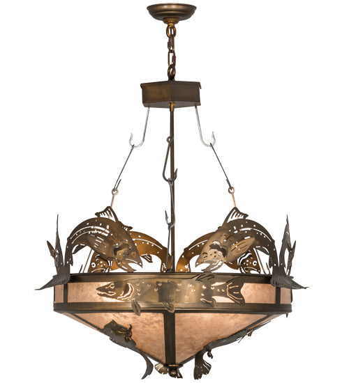 Meyda Lighting Catch of the Day 30" 4-Light Antique Copper Inverted Pendant Light With Silver Mica Shade Glass
