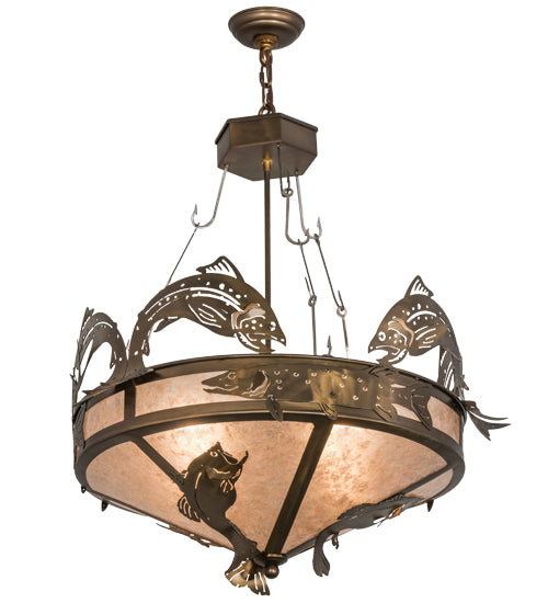 Meyda Lighting Catch of the Day 30" 4-Light Antique Copper Inverted Pendant Light With Silver Mica Shade Glass