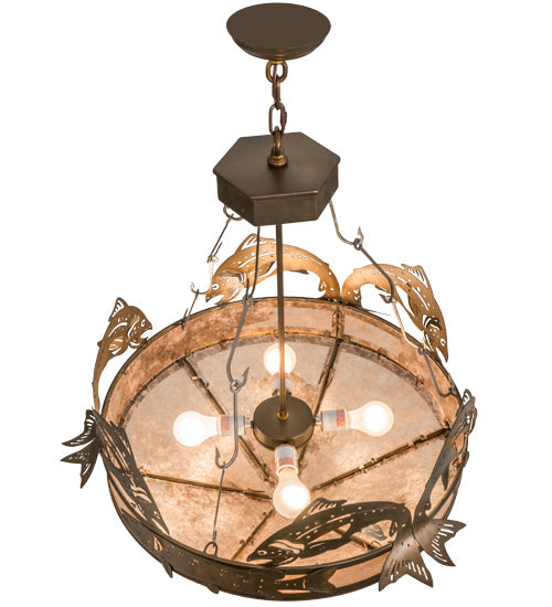 Meyda Lighting Catch of the Day 30" 4-Light Antique Copper Inverted Pendant Light With Silver Mica Shade Glass
