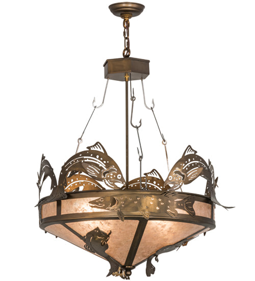Meyda Lighting Catch of the Day 30" 4-Light Antique Copper Inverted Pendant Light With Silver Mica Shade Glass