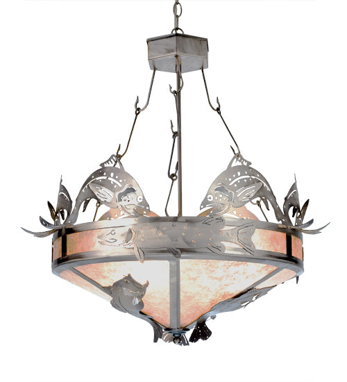 Meyda Lighting Catch of the Day 30" 4-Light Industrial Steel Inverted Pendant Light With Silver Mica Shade Glass