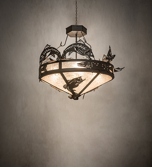Meyda Lighting Catch of the Day 30" 4-Light Oil Rubbed Bronze Leaping Trout Inverted Pendant Light With Silver Mica Shade Glass
