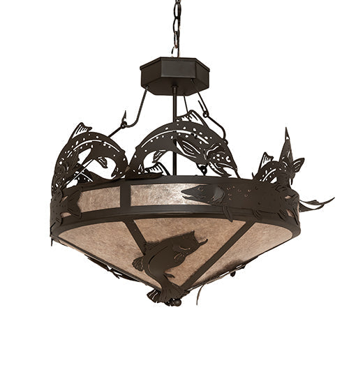 Meyda Lighting Catch of the Day 30" 4-Light Oil Rubbed Bronze Leaping Trout Inverted Pendant Light With Silver Mica Shade Glass