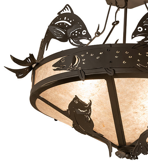 Meyda Lighting Catch of the Day 30" 4-Light Oil Rubbed Bronze Leaping Trout Inverted Pendant Light With Silver Mica Shade Glass