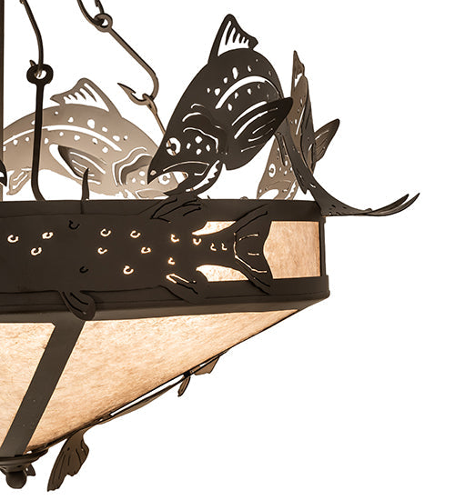 Meyda Lighting Catch of the Day 30" 4-Light Oil Rubbed Bronze Leaping Trout Inverted Pendant Light With Silver Mica Shade Glass