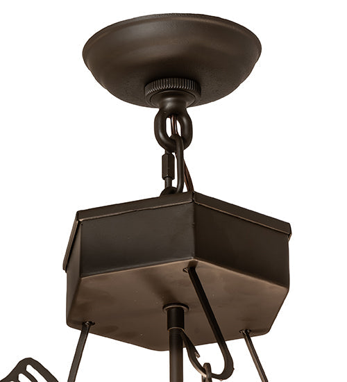 Meyda Lighting Catch of the Day 30" 4-Light Oil Rubbed Bronze Leaping Trout Inverted Pendant Light With Silver Mica Shade Glass