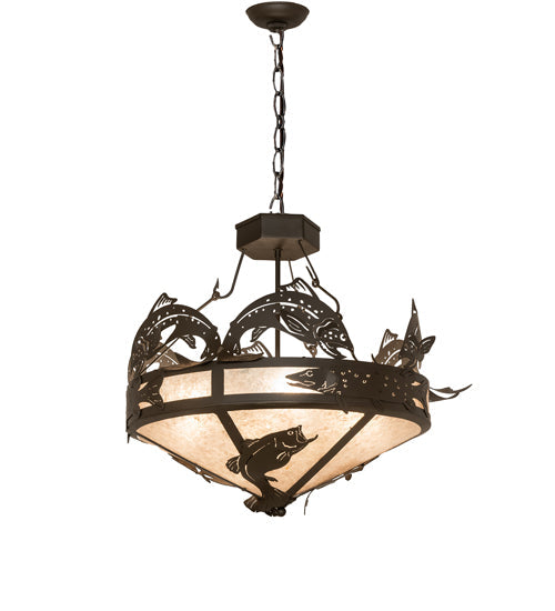 Meyda Lighting Catch of the Day 30" 4-Light Oil Rubbed Bronze Leaping Trout Inverted Pendant Light With Silver Mica Shade Glass
