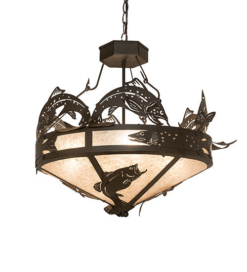 Meyda Lighting Catch of the Day 30" 4-Light Oil Rubbed Bronze Leaping Trout Inverted Pendant Light With Silver Mica Shade Glass