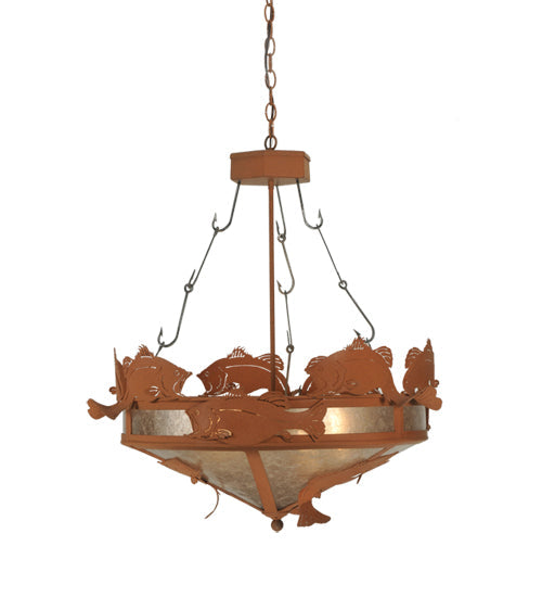 Meyda Lighting Catch of the Day 32" 4-Light Earth Bass Inverted Pendant Light With Silver Mica Shade Glass