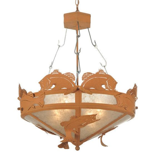 Meyda Lighting Catch of the Day 32" 4-Light Earth Bass Inverted Pendant Light With Silver Mica Shade Glass
