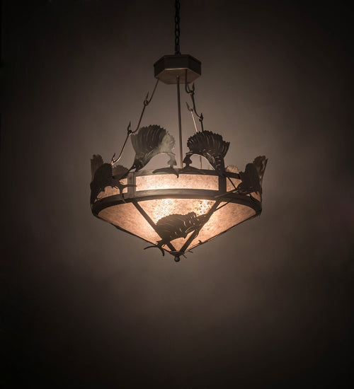 Meyda Lighting Catch of the Day 33" 4-Light Industrial Steel Sailfish Inverted Pendant Light With Silver Mica Shade Glass
