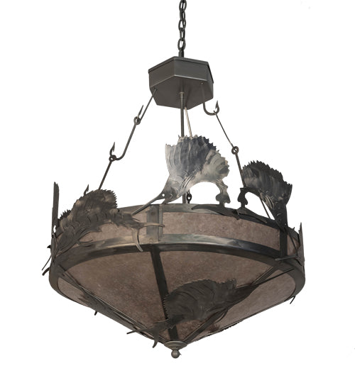 Meyda Lighting Catch of the Day 33" 4-Light Industrial Steel Sailfish Inverted Pendant Light With Silver Mica Shade Glass