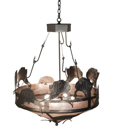Meyda Lighting Catch of the Day 33" 4-Light Industrial Steel Sailfish Inverted Pendant Light With Silver Mica Shade Glass
