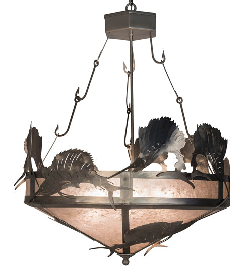 Meyda Lighting Catch of the Day 33" 4-Light Industrial Steel Sailfish Inverted Pendant Light With Silver Mica Shade Glass