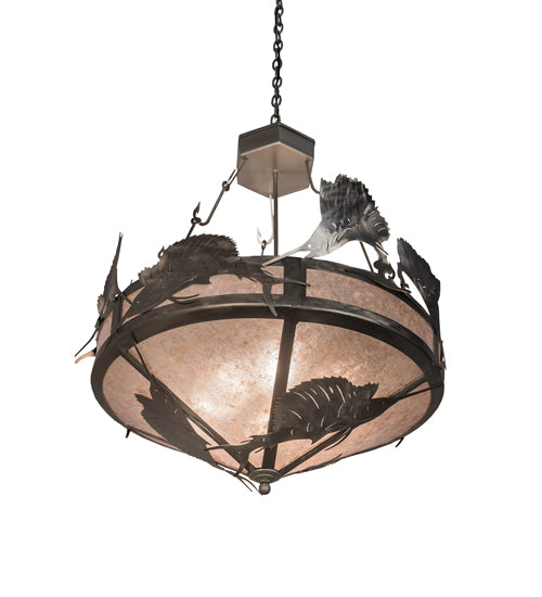 Meyda Lighting Catch of the Day 33" 4-Light Industrial Steel Sailfish Inverted Pendant Light With Silver Mica Shade Glass