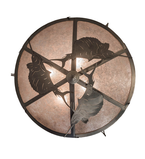 Meyda Lighting Catch of the Day 33" 4-Light Industrial Steel Sailfish Inverted Pendant Light With Silver Mica Shade Glass