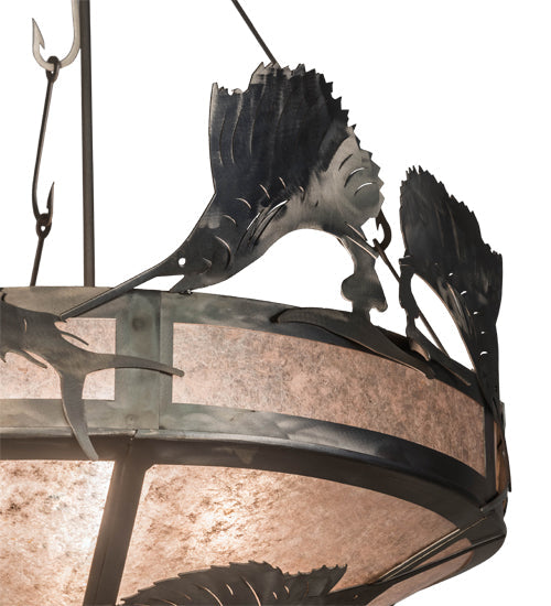 Meyda Lighting Catch of the Day 33" 4-Light Industrial Steel Sailfish Inverted Pendant Light With Silver Mica Shade Glass