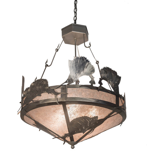 Meyda Lighting Catch of the Day 33" 4-Light Industrial Steel Sailfish Inverted Pendant Light With Silver Mica Shade Glass