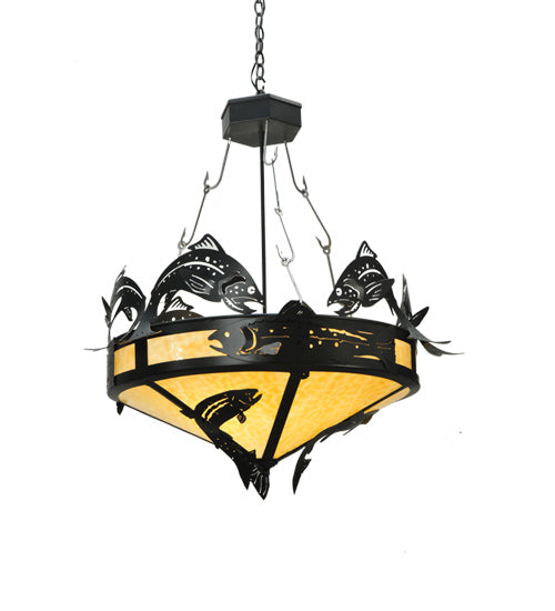 Meyda Lighting Catch of the Day 34" 4-Light Textured Black Inverted Pendant Light With Beige Art Shade Glass