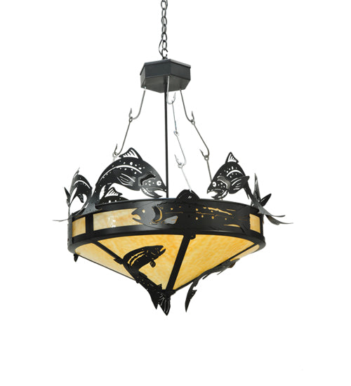Meyda Lighting Catch of the Day 34" 4-Light Textured Black Inverted Pendant Light With Beige Art Shade Glass