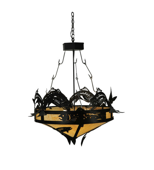 Meyda Lighting Catch of the Day 34" 4-Light Textured Black Inverted Pendant Light With Beige Art Shade Glass