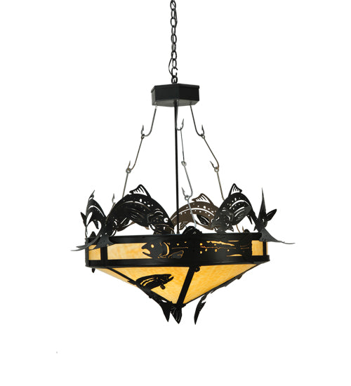 Meyda Lighting Catch of the Day 34" 4-Light Textured Black Inverted Pendant Light With Beige Art Shade Glass