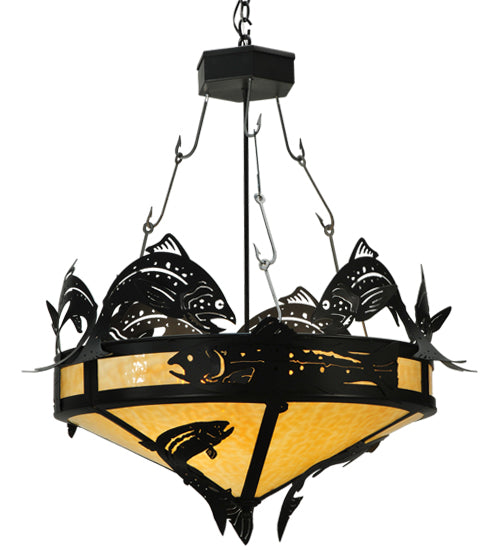Meyda Lighting Catch of the Day 34" 4-Light Textured Black Inverted Pendant Light With Beige Art Shade Glass
