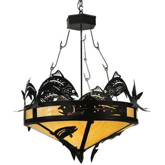 Meyda Lighting Catch of the Day 34" 4-Light Textured Black Inverted Pendant Light With Beige Art Shade Glass