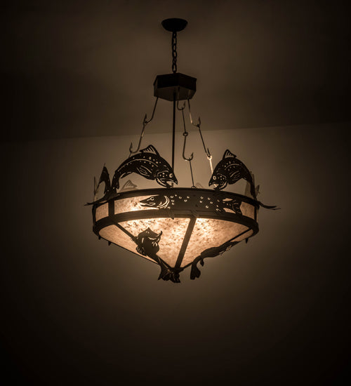 Meyda Lighting Catch of the Day 35" 6-Light Timeless Bronze Inverted Pendant Light With Silver Mica Shade Glass