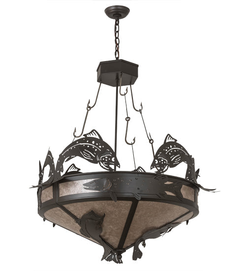 Meyda Lighting Catch of the Day 35" 6-Light Timeless Bronze Inverted Pendant Light With Silver Mica Shade Glass