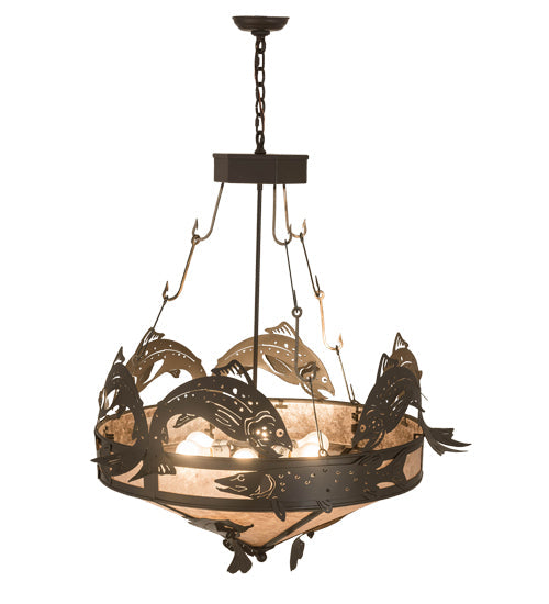Meyda Lighting Catch of the Day 35" 6-Light Timeless Bronze Inverted Pendant Light With Silver Mica Shade Glass