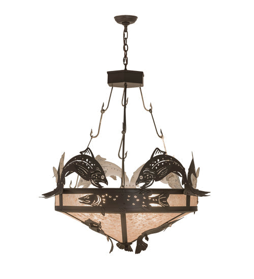 Meyda Lighting Catch of the Day 35" 6-Light Timeless Bronze Inverted Pendant Light With Silver Mica Shade Glass