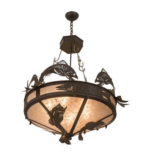 Meyda Lighting Catch of the Day 35" 6-Light Timeless Bronze Inverted Pendant Light With Silver Mica Shade Glass