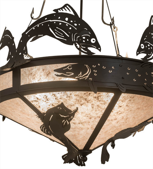 Meyda Lighting Catch of the Day 35" 6-Light Timeless Bronze Inverted Pendant Light With Silver Mica Shade Glass