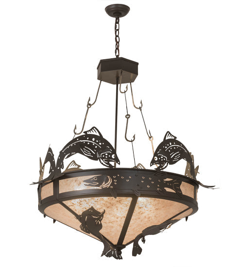 Meyda Lighting Catch of the Day 35" 6-Light Timeless Bronze Inverted Pendant Light With Silver Mica Shade Glass