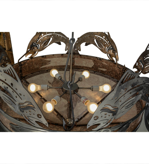 Meyda Lighting Catch of the Day 39" 6-Light Industrial Steel Inverted Pendant Light With Silver Mica Shade Glass